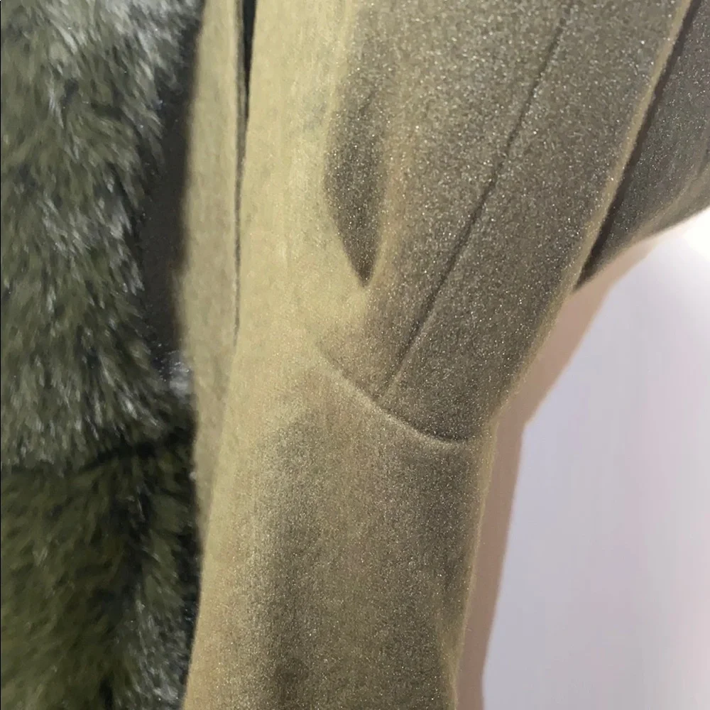 SHEIN LUNE Medium Olive Green Elegant Fuzzy Collar Belted Overcoat - Picture 8 of 12
